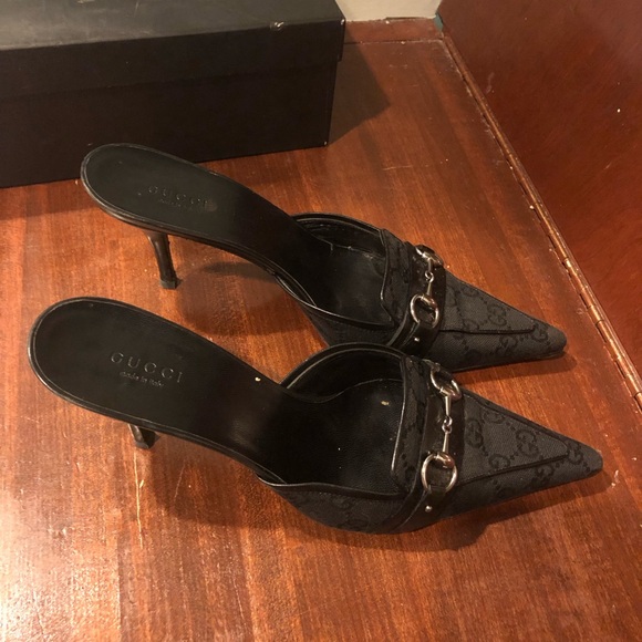 Gucci black horsebit accent black monogram mules - Picture 2 of 6